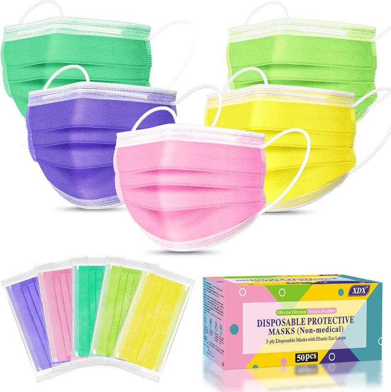 Photo 1 of Disposable Face Masks, 50 Pack- 3 Layer Individually Wrapped Masks For Women, Men, Unisex Adults, Breathable Colorful Face Masks Disposable(5 Rainbow Colors)
