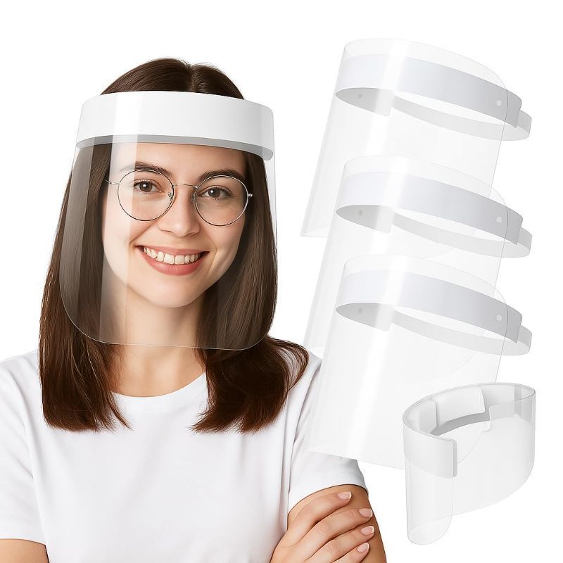 Photo 1 of Adjustable Clear Face Shield (4 Pack) – Full-Face Protection with White Headband – Anti-Fog, Reusable Safety Visor for Construction, Lab, and Industrial Use – Lightweight, Comfortable Fit
