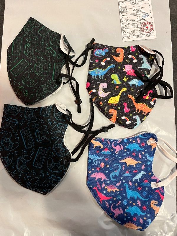 View 2 of 4 Pack Kids Fabric Face Mask , 2 Gaming Patters, 2 Dinasour Pattern
