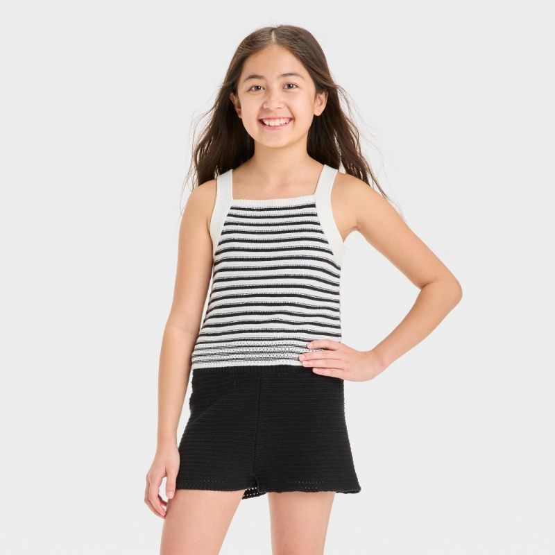 Photo 1 of (XS) Girls' Striped Tank Sweater - Cat & Jack™ Cream/Black XS: Cotton Blend, Recycled Polyester, Sleeveless, Scoopneck, Pullover
