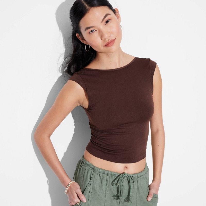 Photo 1 of (XL) Women's Cap Sleeve Seamless Jersey T-Shirt - Wild Fable™ Dark Brown XL: Lightweight Pullover,
