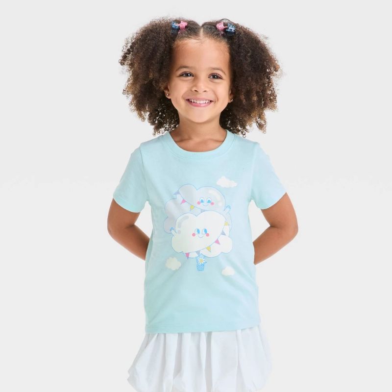 Photo 1 of 4T Toddler Girls' Clouds Graphic T-Shirt - Cat & Jack™ Mint Green 4T: Cotton Blend, Recycled Polyester, Lightweight Jersey, Tagless