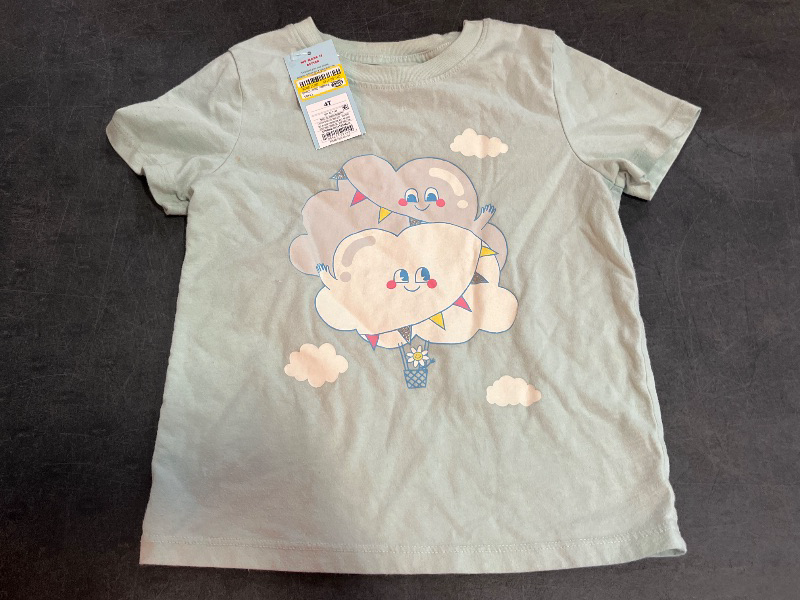 Photo 1 of 4T Toddler Girls' Clouds Graphic T-Shirt - Cat & Jack™ Mint Green 4T: Cotton Blend, Recycled Polyester, Lightweight Jersey, Tagless