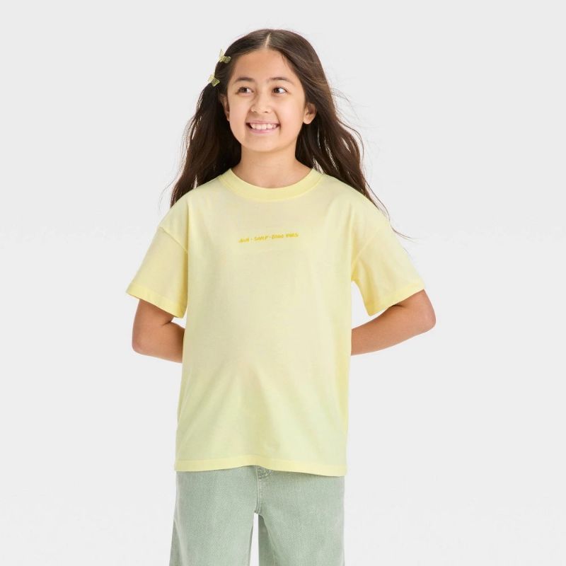 Photo 1 of (M) Girls' Short Sleeve Oversized 'Sun and Surf Vibes' Front-Back Graphic T-Shirt - Cat & Jack™ Light Yellow M