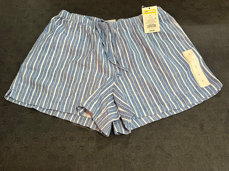 Photo 1 of (S) Women's Mid-Rise Linen Pull-on Shorts - a New Day Blue Striped S: Loose Fit, Adjustable Waistband, 3.5" Inseam