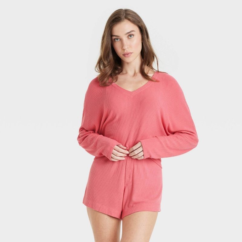 Photo 1 of (XS) Women's Cozy Ribbed Pullover - Auden™ Coral Pink XS: Relaxed Fit, V Neck, Dolman Long Sleeve, Midweight Rayon Blend

