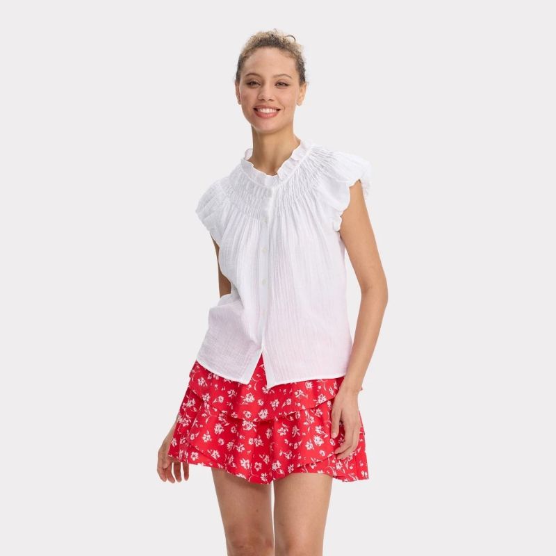 Photo 1 of (M) Women's Smocked Puff Short Sleeve Button-Front Blouse - Universal Thread™ White M