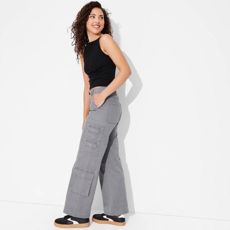 Photo 1 of (L) Women's Mid-Rise Straight Leg Cargo Pants - Wild Fable™ Gray L: Elastic Waist, Pockets
