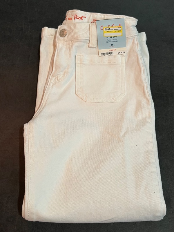 Photo 1 of Size 12 Girls' Mid-Rise Patch Pocket Wide Leg Jeans - Cat & Jack™ White 12: Relaxed Fit, Adjustable Waistband, Denim Fabric