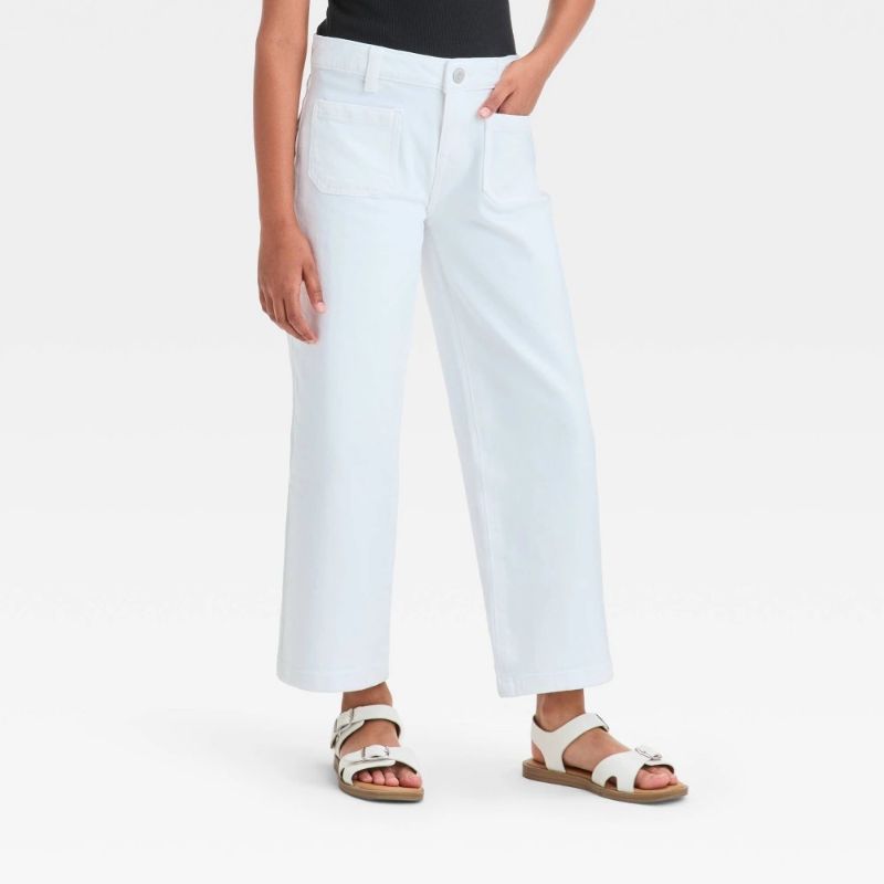 Photo 1 of Size 12 Girls' Mid-Rise Patch Pocket Wide Leg Jeans - Cat & Jack™ White 12: Relaxed Fit, Adjustable Waistband, Denim Fabric