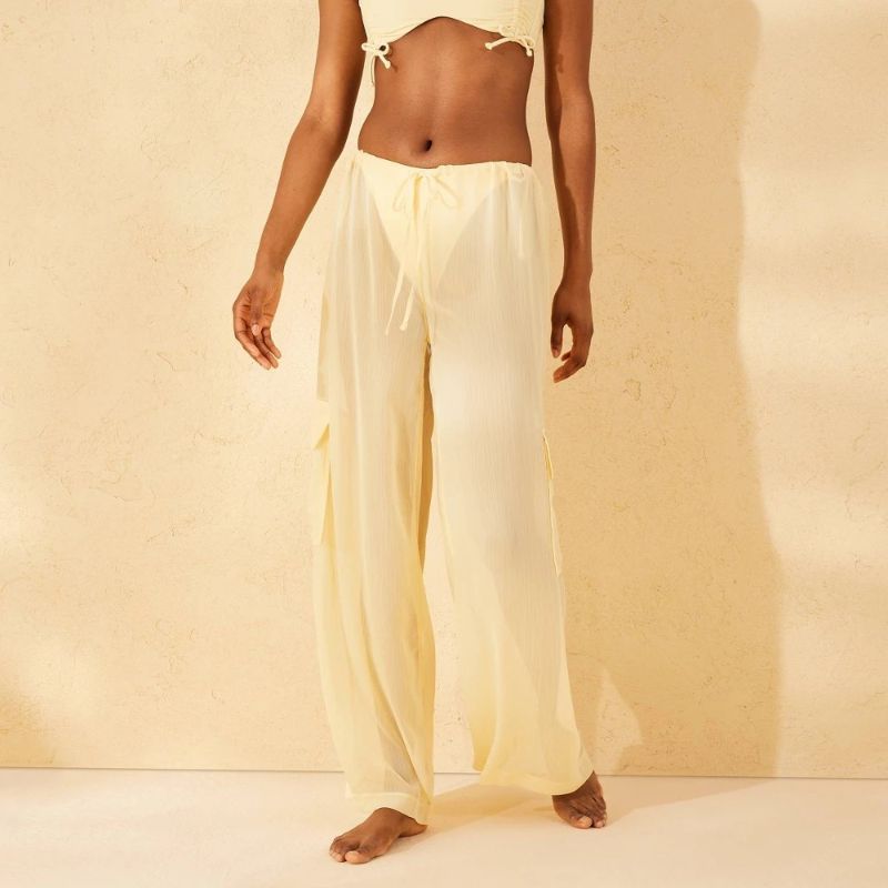 Photo 1 of (S) Women's Chiffon Swim Cover up Cargo Pants - Wild Fable™ Yellow S: Low Rise, Sheer, Front Tie