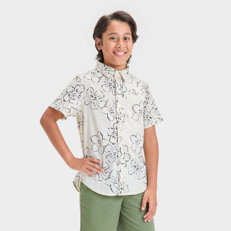 Photo 1 of (XS) Boys' Short Sleeve Floral Printed Button-Down Shirt - Cat & Jack™ Cream XS: Cotton, Lightweight, Front Pocket

