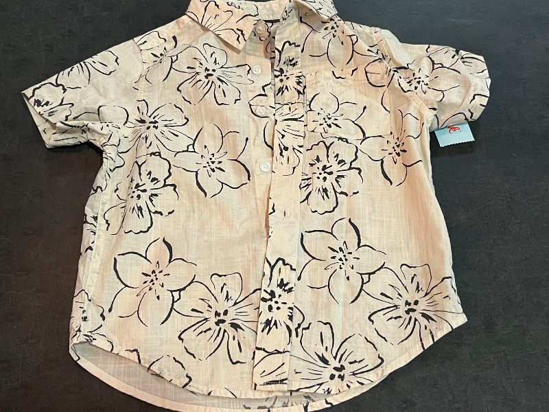 Photo 1 of (XS) Boys' Short Sleeve Floral Printed Button-Down Shirt - Cat & Jack™ Cream XS: Cotton, Lightweight, Front Pocket
