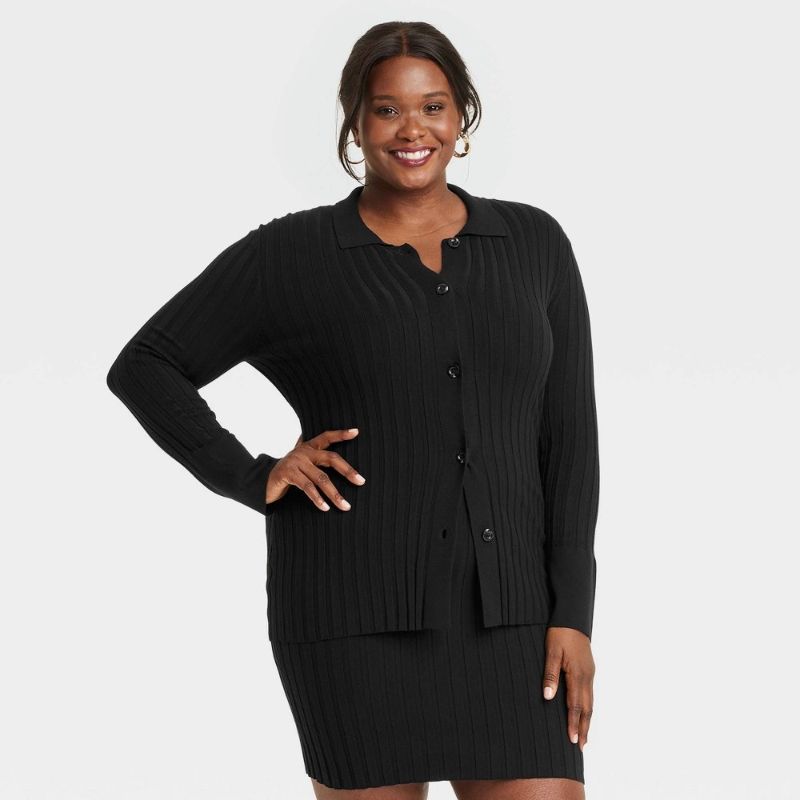 Photo 1 of (1X) Women's Button-Down Cardigan - a New Day™ Black 1X: Viscose Blend, Ribbed Cuff & Hem, Polo Collar

