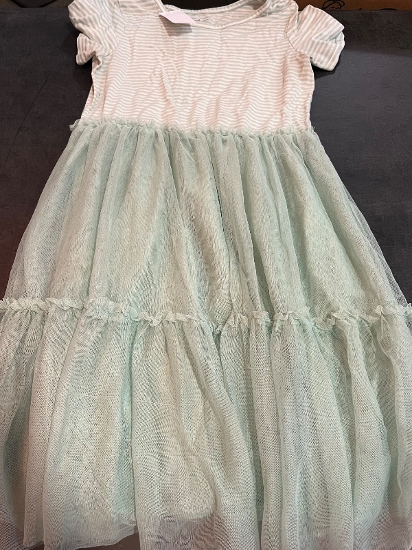 Photo 1 of (XL) Green and White Stripped Girls Kid Dress with Ruffles