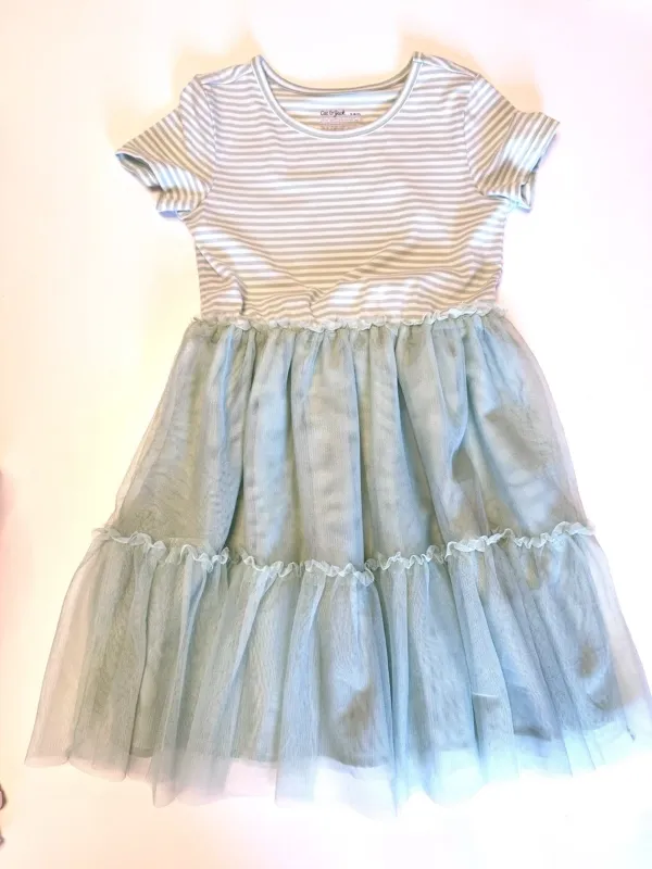 Photo 1 of (XL) Green and White Stripped Girls Kid Dress with Ruffles