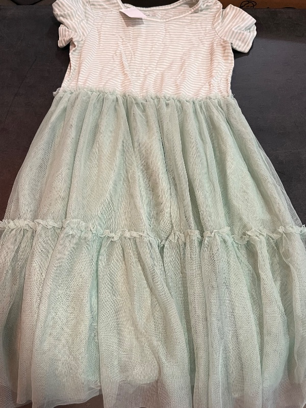 Photo 1 of (XL) Green and White Stripped Girls Kid Dress with Ruffles