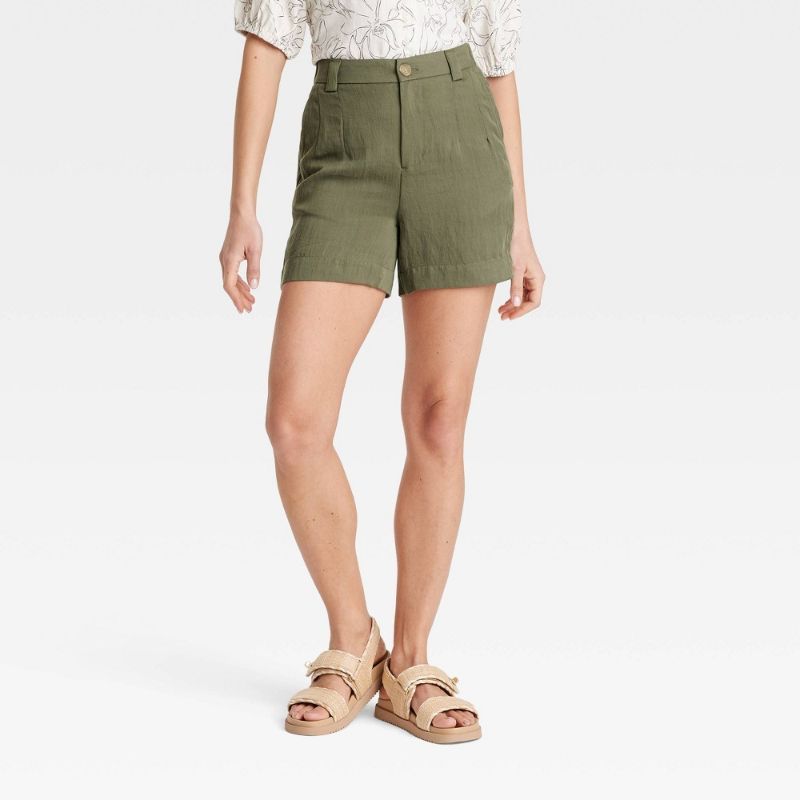 Photo 1 of Size 10 Women's High-Rise Flat-Front Chino Shorts - a New Day™ Green 10: Lightweight Twill, Back Elastic, 5" Inseam
