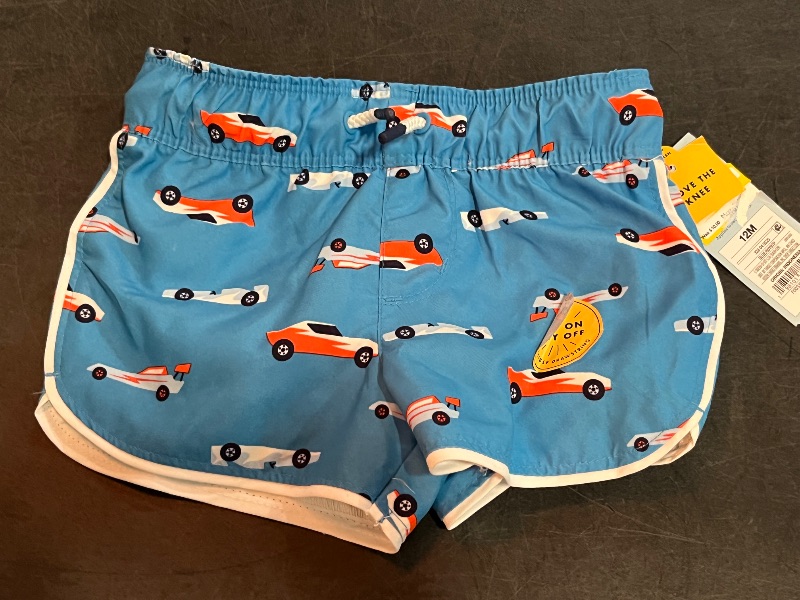 Photo 1 of (12M) Baby Boys' Race Car Swim Shorts - Cat & Jack™ Dark Blue 12M: Recycled Polyester, Adjustable Strap, UPF 50+, Machine Wash