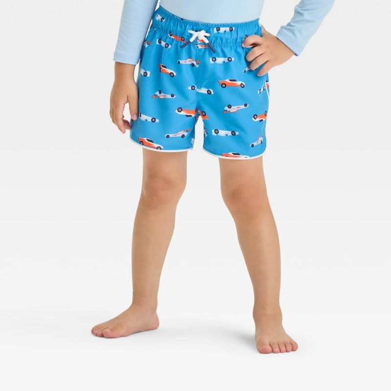 Photo 1 of (12M) Baby Boys' Race Car Swim Shorts - Cat & Jack™ Dark Blue 12M: Recycled Polyester, Adjustable Strap, UPF 50+, Machine Wash
