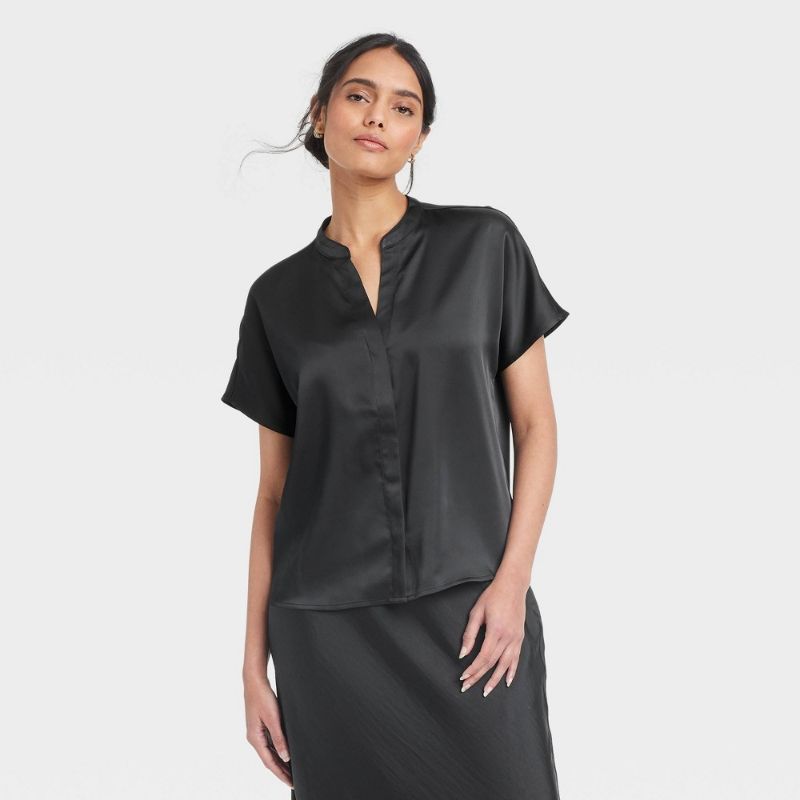 Photo 1 of (M) Women's Short Sleeve V-Neck Blouse - a New Day™ Black M: Relaxed Fit, Satin, Front Button Down