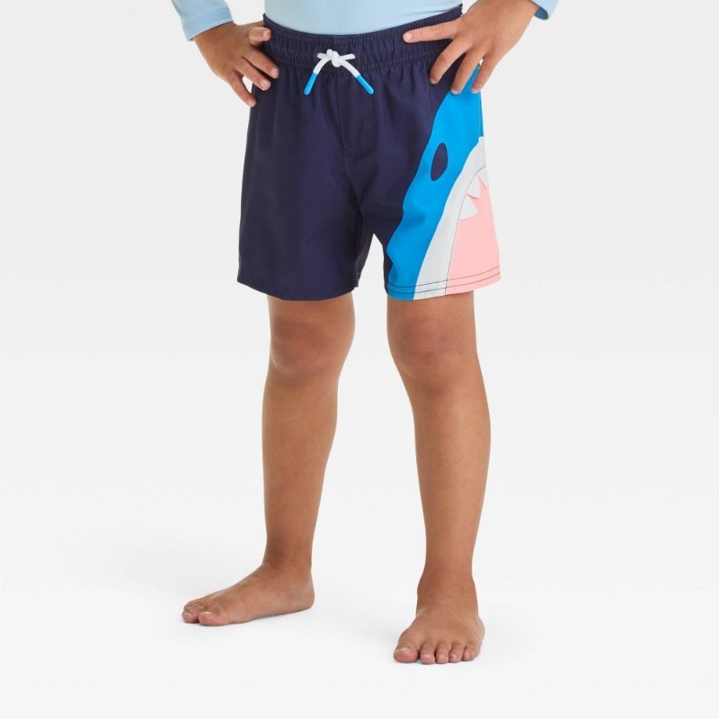 Photo 1 of 12M Baby Boys' Shark Bite Swim Shorts - Cat & Jack™ Navy 12M: Recycled Polyester, UPF 50+, Built-in Brief, Elastic Waistband
