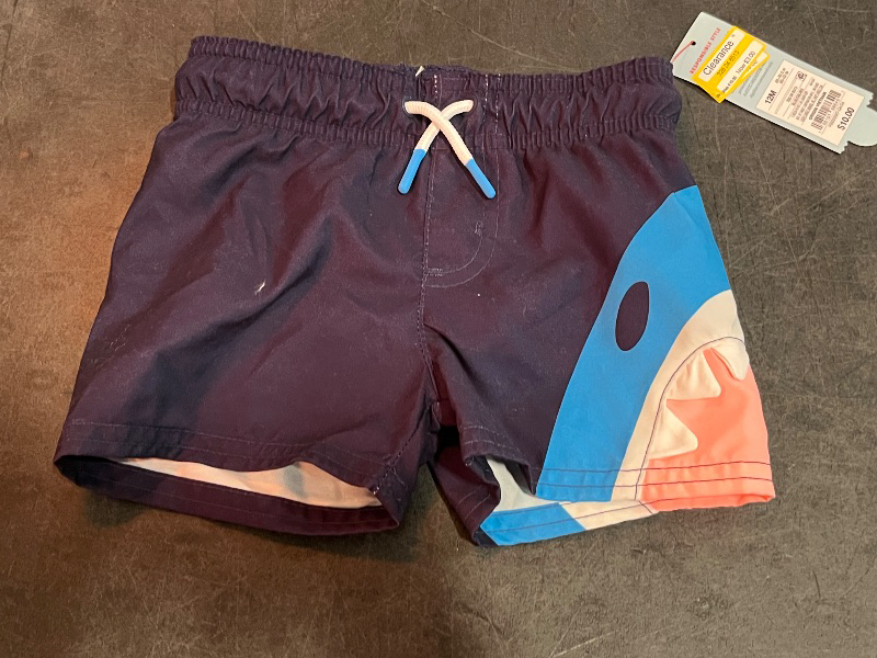 Photo 1 of 12M Baby Boys' Shark Bite Swim Shorts - Cat & Jack™ Navy 12M: Recycled Polyester, UPF 50+, Built-in Brief, Elastic Waistband
