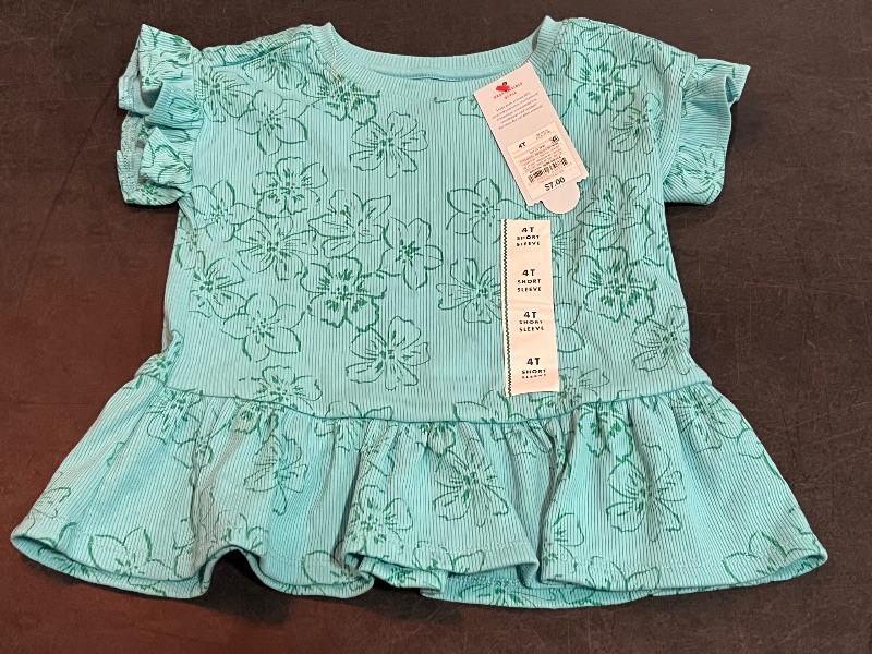 Photo 1 of 4T Toddler Girls' Ribbed Printed Short Sleeve Top - Cat & Jack™ Turquoise Blue 4T