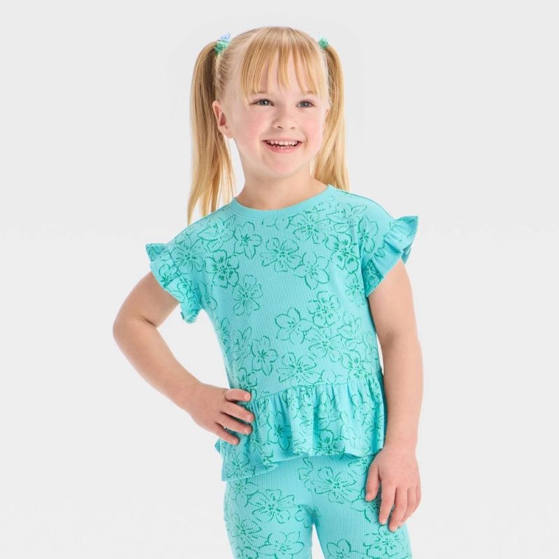 Photo 1 of 4T Toddler Girls' Ribbed Printed Short Sleeve Top - Cat & Jack™ Turquoise Blue 4T