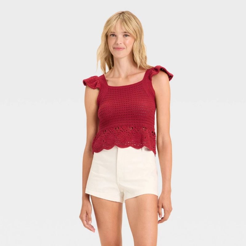 Photo 1 of (L) Women's Openwork Flutter Sleeve Sweater Tank - Universal Thread™ Red Red L

