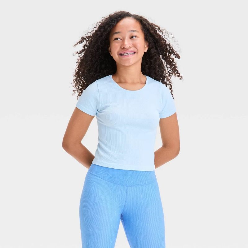 Photo 1 of (XS) Girls' Seamless Crop T-Shirt - All in Motion™ Light Blue XS: Midweight Fitted Knit Pullover