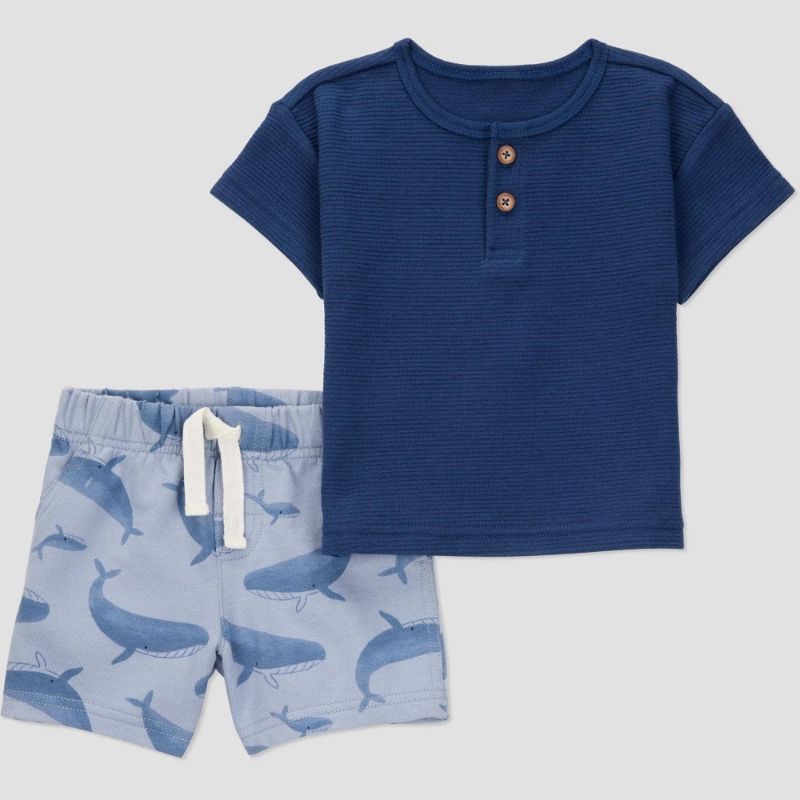 Photo 1 of (9M) Carter's Just One You® Baby Boys' Textured Whale Top & Bottom Set - Navy Blue 9M: Elastic Waistband