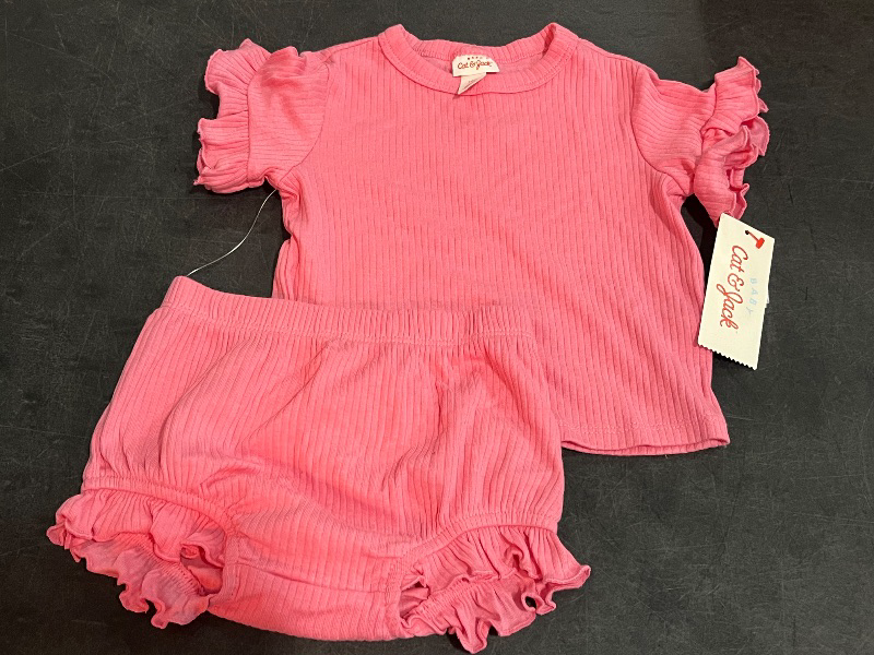 Photo 1 of 12M Baby Girls' Ribbed Top & Bottom Set - Cat & Jack™ Pink 12M: Lightweight Cotton Modal Blend, Elastic Waist, Machine Washable