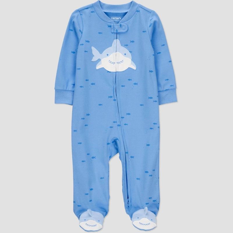 Photo 1 of 6M Carter's Just One You® Baby Boys' Footed Sleep N' Play - Blue 6M: Cotton, Sharks, Two-Way Zipper
