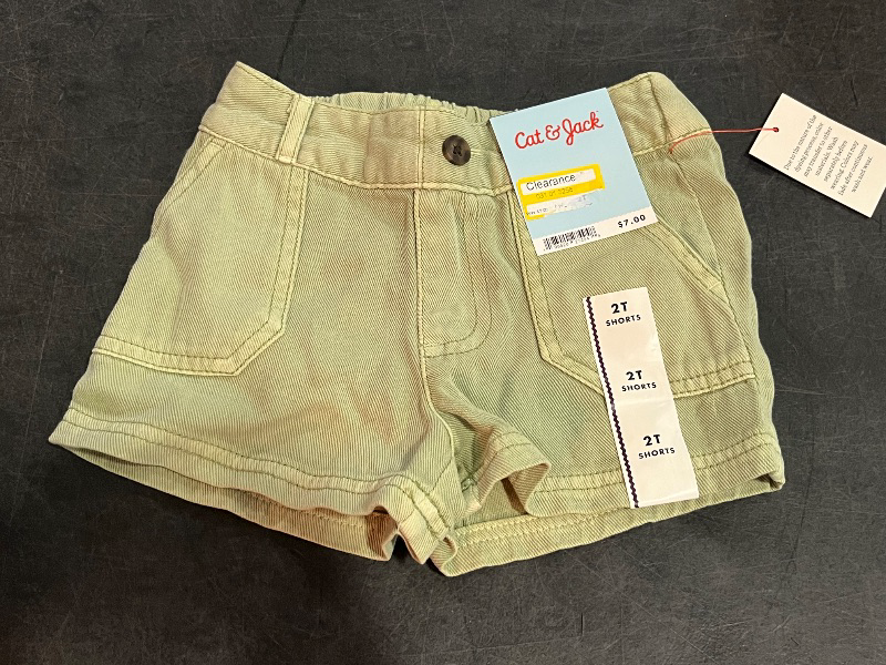 Photo 1 of 2T Toddler Girls' Twill Shorts - Cat & Jack™ Light Olive 2T: Mid-Rise, Pull-on, Belt Loops, Side Pocket