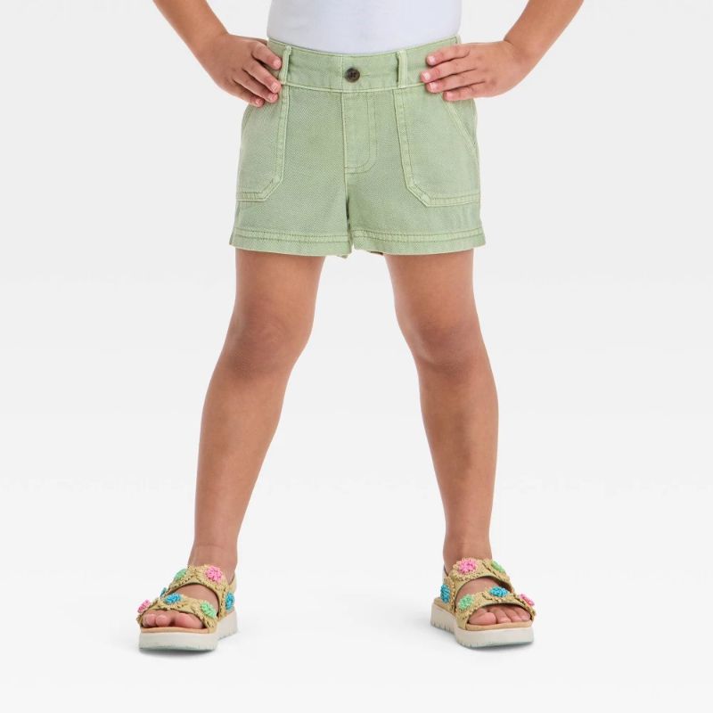 Photo 1 of 2T Toddler Girls' Twill Shorts - Cat & Jack™ Light Olive 2T: Mid-Rise, Pull-on, Belt Loops, Side Pocket