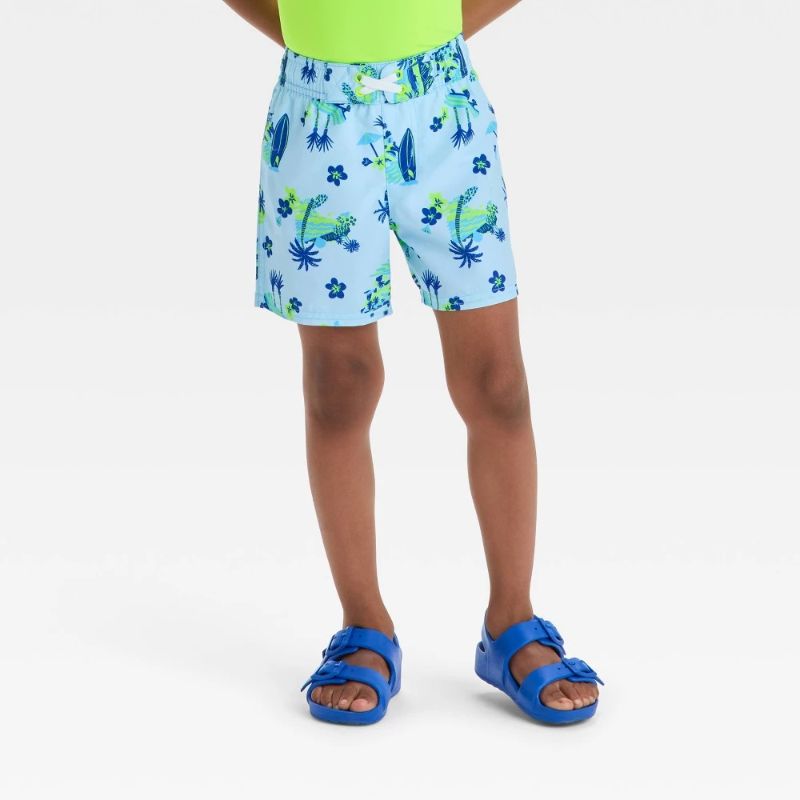 Photo 1 of 12M Baby Boys' Beach Scenic Printed Swim Board Shorts - Cat & Jack™ Light Blue 12M: UPF 50+, Elastic Waist, Botanical Pattern
