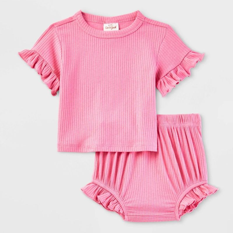 Photo 1 of 6-9M Baby Girls' Ribbed Top & Bottom Set - Cat & Jack™ Pink 6-9M: Lightweight Cotton Modal Blend, Elastic Waistband