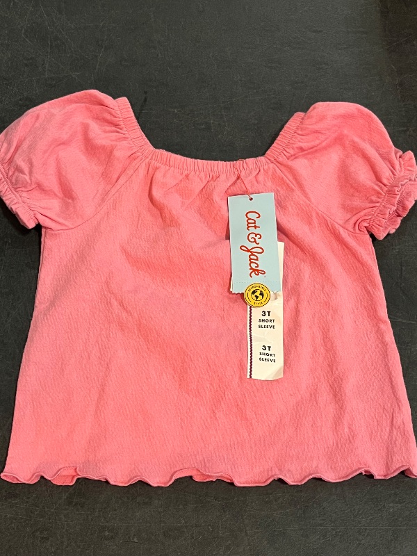 Photo 1 of 3T Toddler Girls' Solid Shirt - Cat & Jack™ Pink 3T: Puff Sleeve, Squareneck, Jersey Fabric
