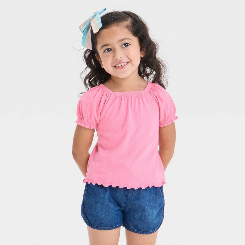 Photo 1 of 3T Toddler Girls' Solid Shirt - Cat & Jack™ Pink 3T: Puff Sleeve, Squareneck, Jersey Fabric
