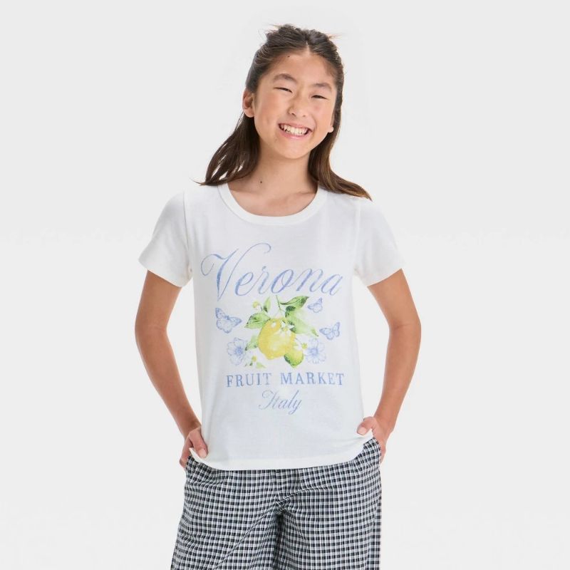 Photo 1 of (L) Girls' Verona Graphic Baby T-Shirt - Ivory L: Cotton-Polyester Blend, Lemon Print, Short Sleeve, Jersey Fabric