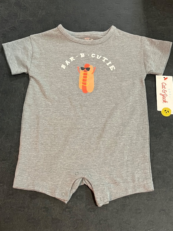 Photo 1 of (6-9M) Baby Boys' Printed Romper - Cat & Jack™ Gray 6-9M: Lightweight Cotton Blend, Tagless, Crotch Snap, Short Sleeve