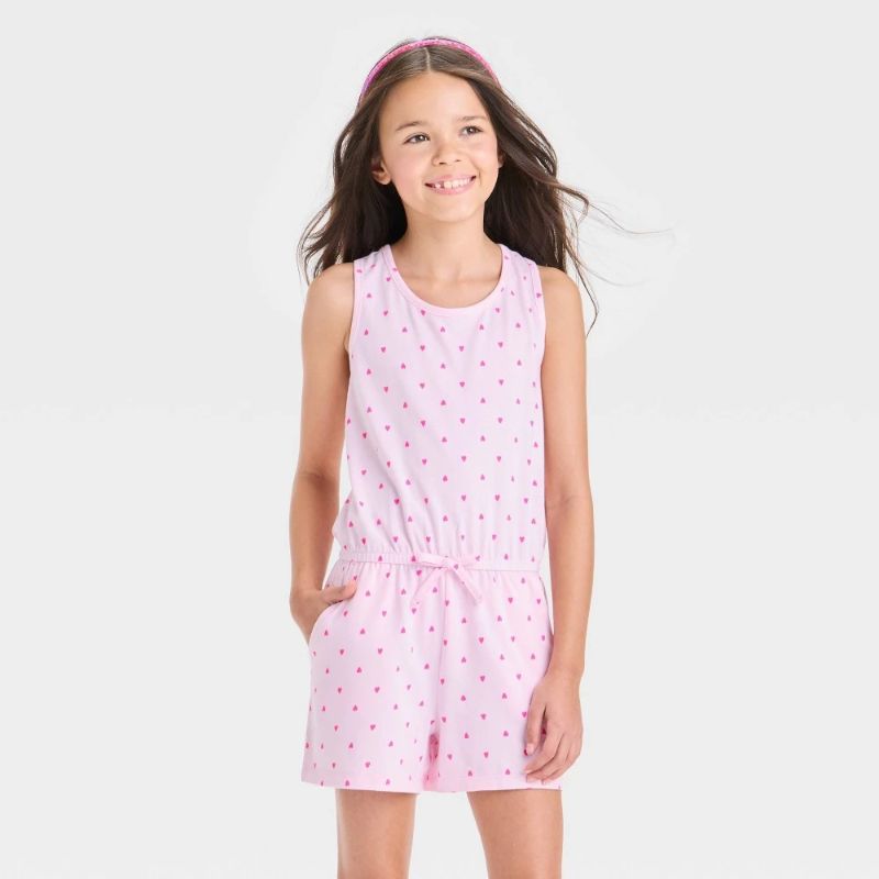 Photo 1 of (L) Girls' Knit 'Heart' Romper - Cat & Jack™ Light Pink L: Sleeveless, Crisscross Back, Elastic Waistband