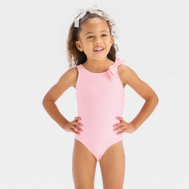 Photo 1 of 18M Baby Girls' Seersucker Striped One Piece Swimsuit with Bow- Cat & Jack™ Pink 18M: UPF 50+, Sleeveless, Elastic Leg