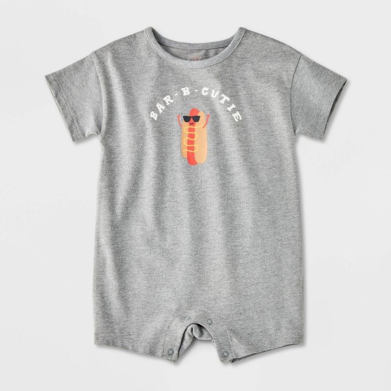 Photo 1 of 6-9M Baby Boys' Printed Romper - Cat & Jack™ Gray 6-9M: Lightweight Cotton Blend, Tagless, Crotch Snap, Short Sleeve