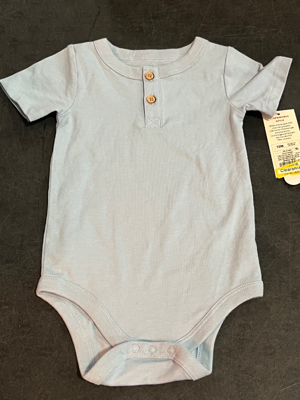 Photo 1 of 12M Baby Boys' Henley Bodysuit - Cat & Jack™ Light Blue 12M: Cotton Blend, Recycled Polyester, Spandex, Short Sleeve, Snap Closure