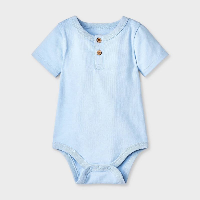Photo 1 of 12M Baby Boys' Henley Bodysuit - Cat & Jack™ Light Blue 12M: Cotton Blend, Recycled Polyester, Spandex, Short Sleeve, Snap Closure