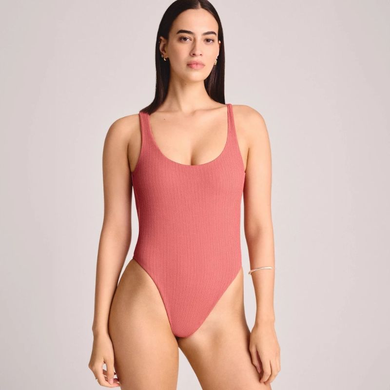 Photo 1 of (XS) Vitamin a Women's Terracotta Textured Scoop Neck One Piece Swimsuit - Terracotta XS: Recycled Nylon, Spandex, Removable Padding