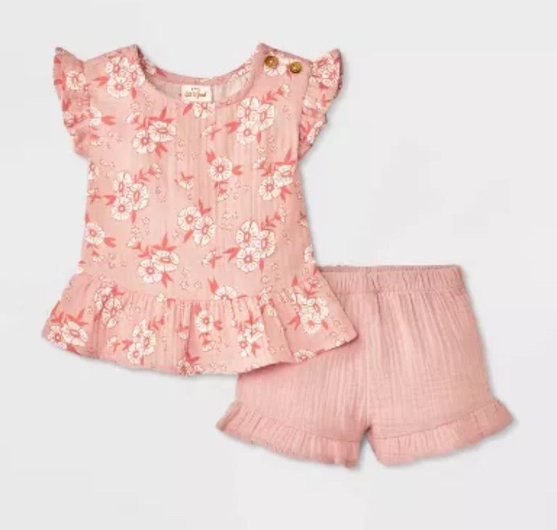 Photo 1 of (18M) Baby Girl Ruffle Sleeve Floral Gauze Shorts Set