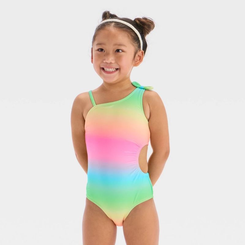 Photo 1 of 18M Toddler Girls' Cut Out One Piece Swimsuit with Bow - Cat & Jack™ Green 18M: Rainbow Pattern, UPF 50+ Protection